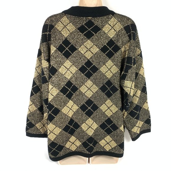 Vintage Holiday Time Christmas Sweater Gold Argyle - Picture 2 of 9